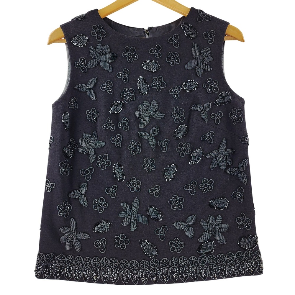 Vintage Wool Beaded Shell Top Womens 12 Black Floral Sequin Made Hong Kong
